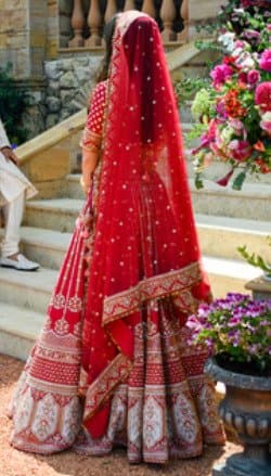 Red Silk Designer Bridal Lehenga - Blouse, Skirt &amp; 2 Matching Dupattas thumbnail 2