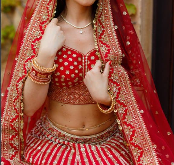 Red Silk Designer Bridal Lehenga - Blouse, Skirt &amp; 2 Matching Dupattas thumbnail 3