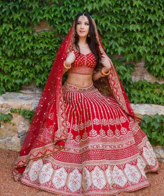 Red Silk Designer Bridal Lehenga - Blouse, Skirt &amp; 2 Matching Dupattas — image 1