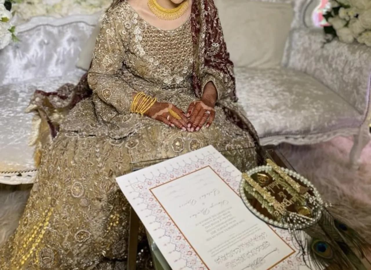 Nees London Gold and Maroon Bridal Lengha