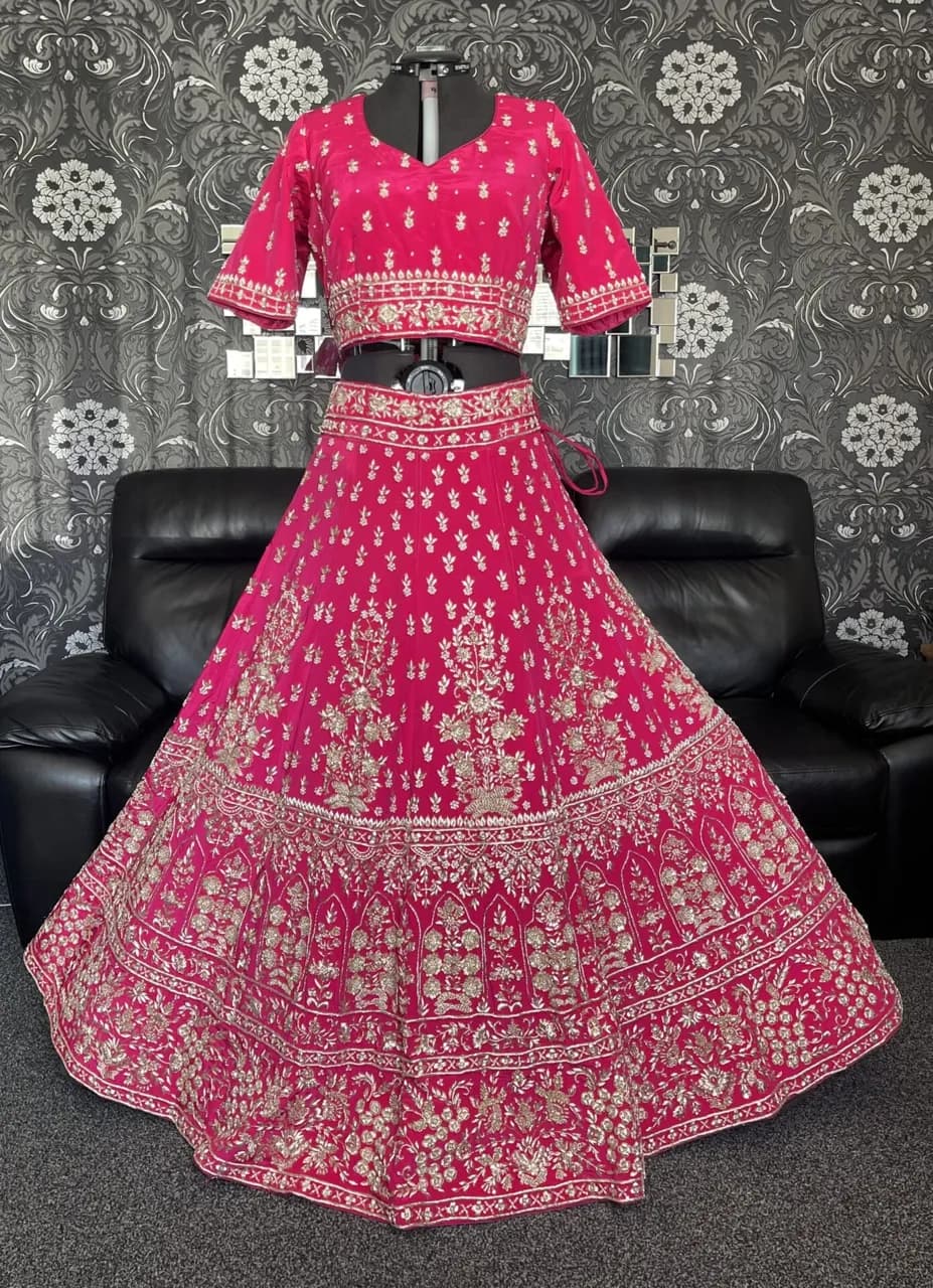 Cerise pink pure silk Reception lehenga and blouse with pure chiffon chunni and all handmade embroidery — image 1