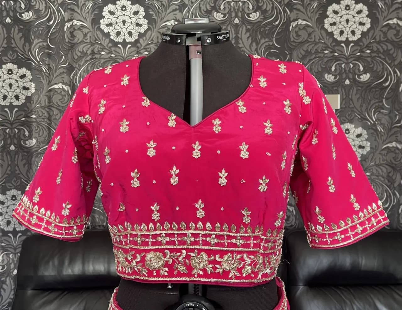 Cerise pink pure silk Reception lehenga and blouse with pure chiffon chunni and all handmade embroidery thumbnail 2
