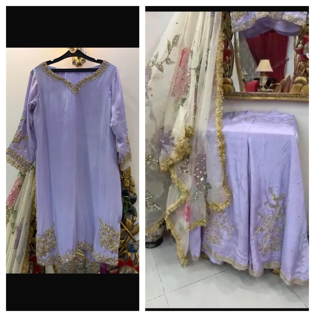 Lilac Kameez and Gharara with flower patterned scarf