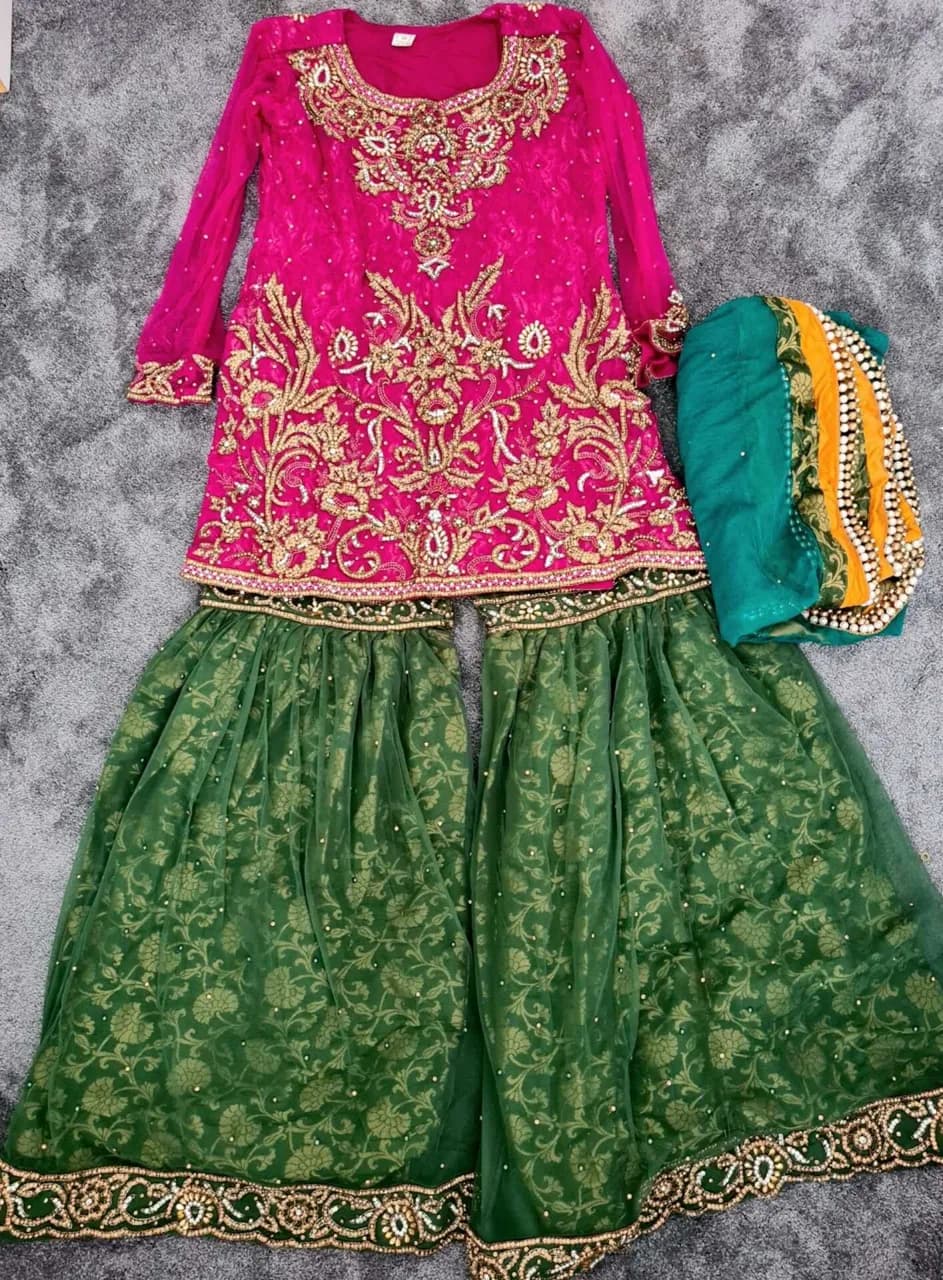 Pink and green mehndi/wedding outfit heavy beading — image 1