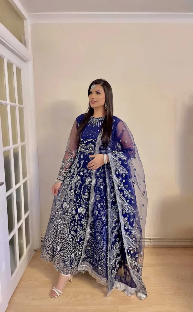 Navy & Silver, Baroque Lengha Choli 3 Piece Set — image 1