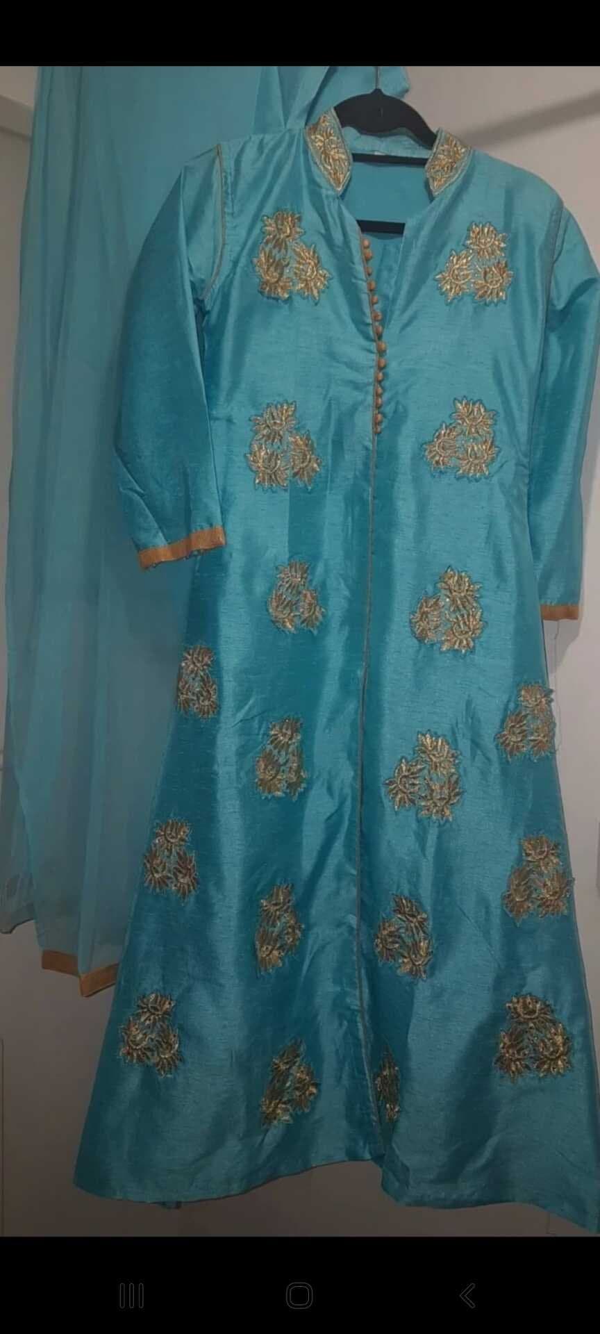 Light blue anarkhali long dress/suit with gold embroidery and dupatta. Size S. New without tags. — image 1