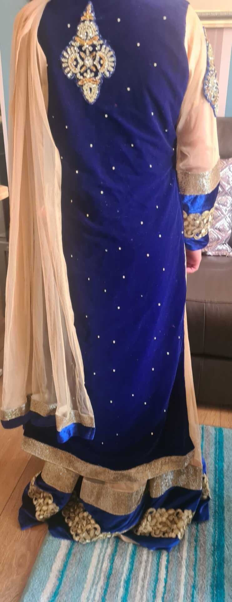 Velvet royal blue long dress with churidaar trousers — image 1