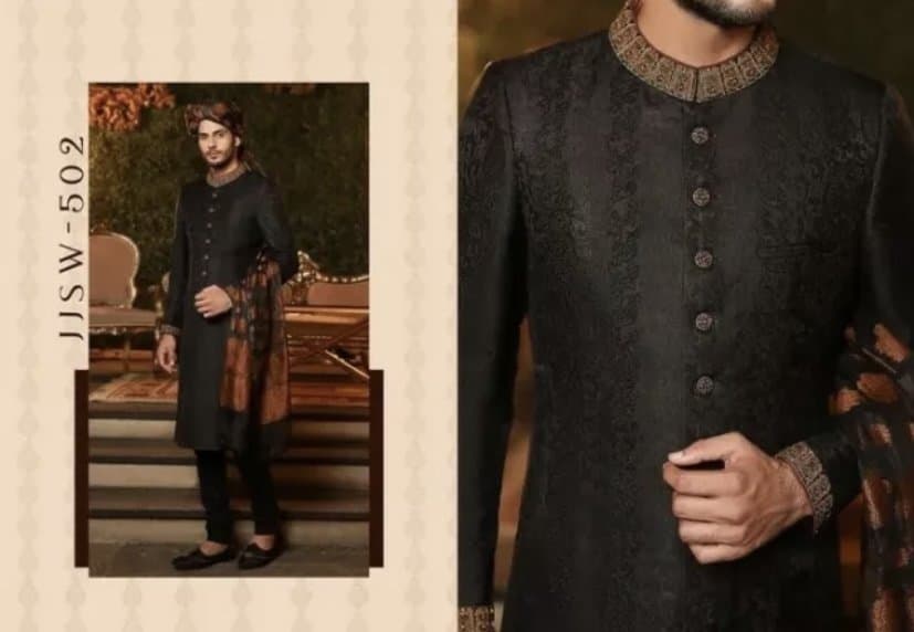 BRAND NEW NEVER WORN Junaid Jamshed Black Sherwani - With Khussa Shoes and White Inner - Size M — image 1