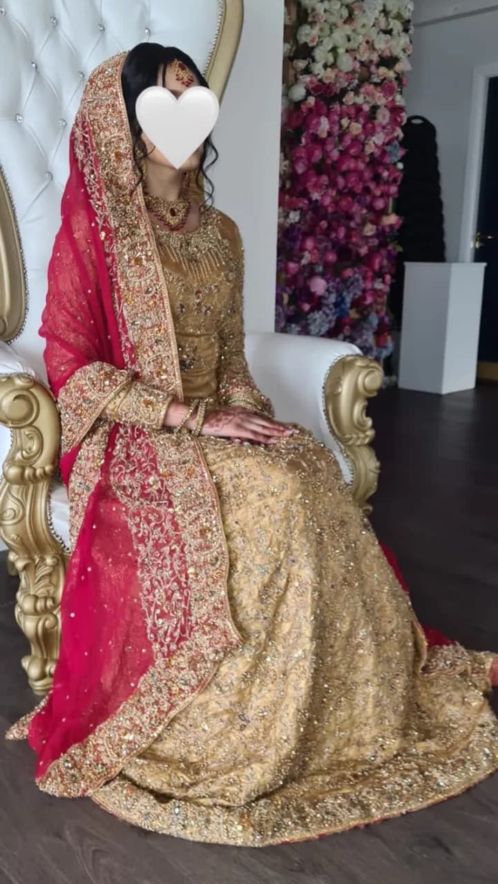 Bridal Outfit - Embroidered Gold Skirt and Top with RedDuppata — image 1