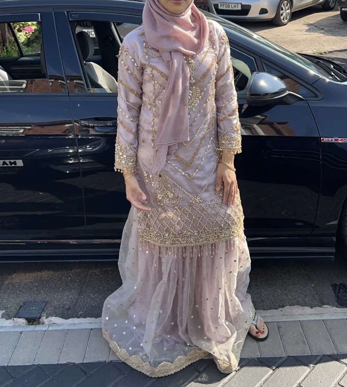 Lilac purple designer wear gharara with gold embellished stones — image 1